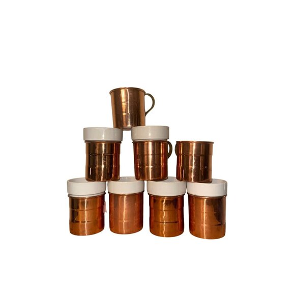 Set Of 7 Copper & White Ceramic Mugs With Brass Handles - Picture 1 of 7
